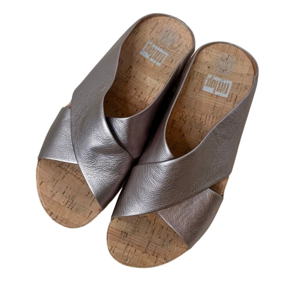 FITFLOP Women's 10 F Mode Metallic Leather Cork Criss Cross Sandal Shoes Pewter